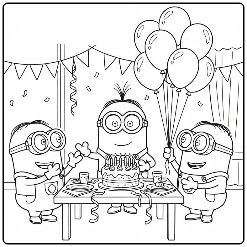 Minions Birthday Party with Balloons and Cake coloring page