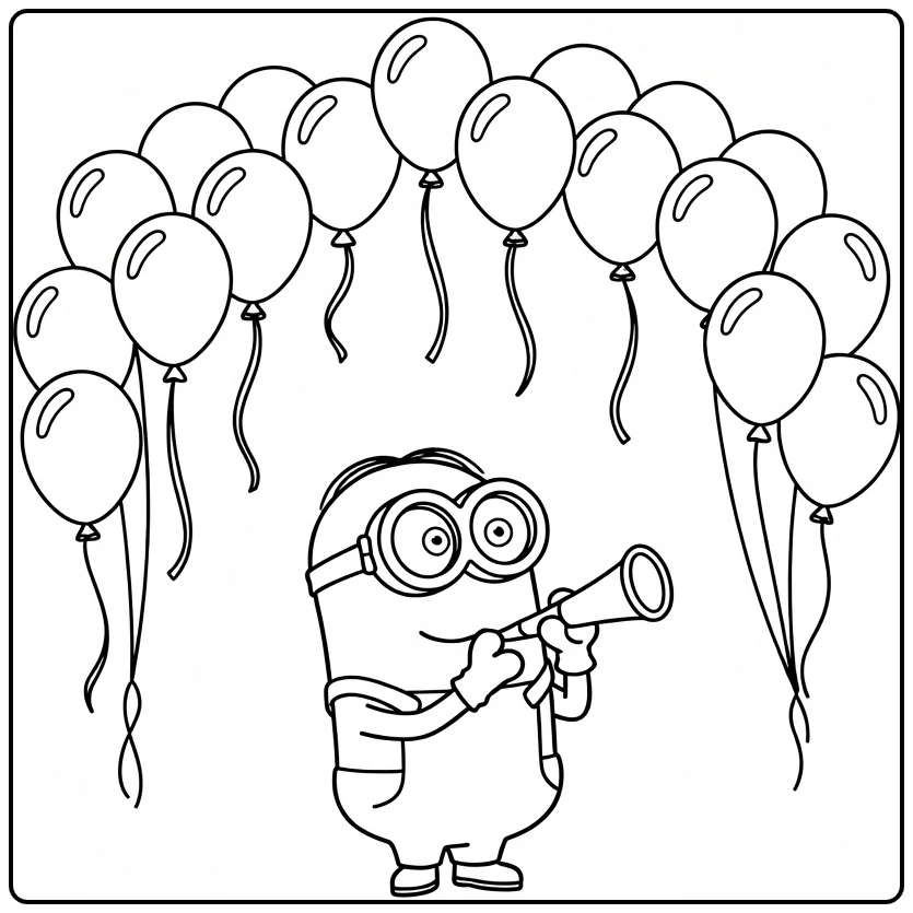 Minions Birthday Celebrating Minion Under Streamers coloring page