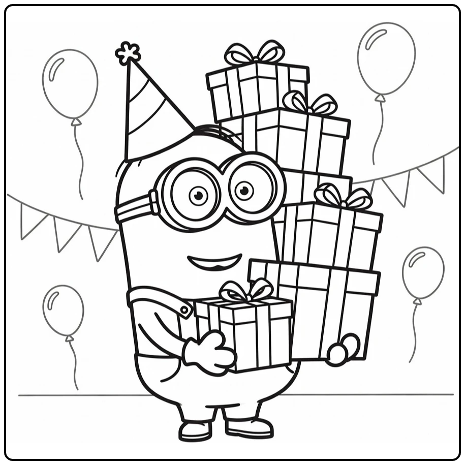 Minions Birthday Minion in Pointy Hat and Gifts coloring page