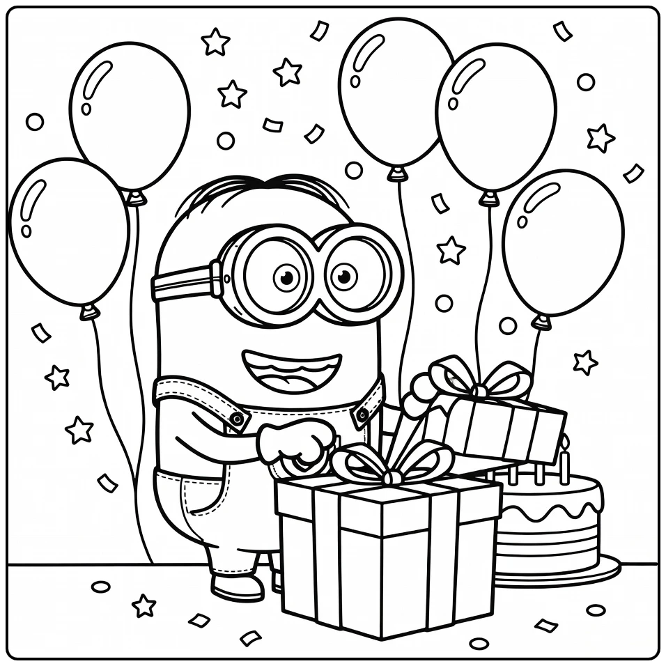 Minions Birthday Surprised Minion and Cake coloring page