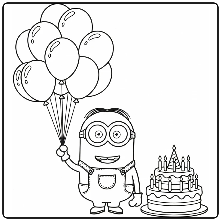 Minion birthday coloring page with cake and balloons