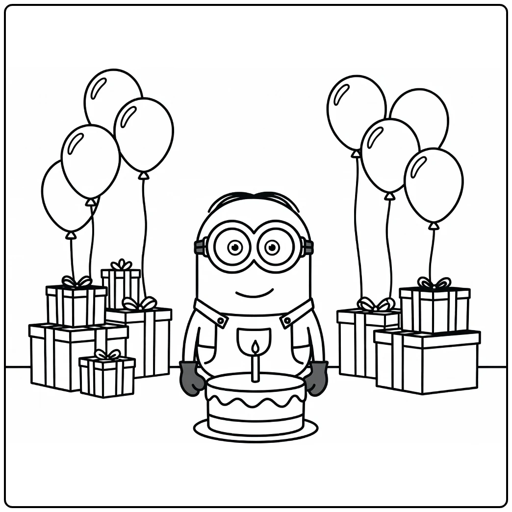 Minions Birthday Minion in Party Room with Cake coloring page