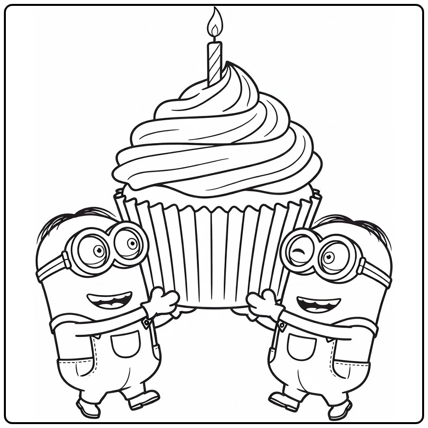 Birthday Two Smiling Minions with Candle coloring page