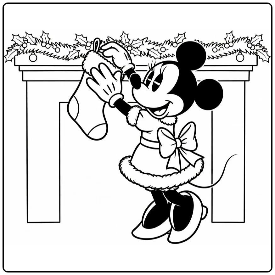 Mouse Christmas Open Fireplace with Minnie coloring page