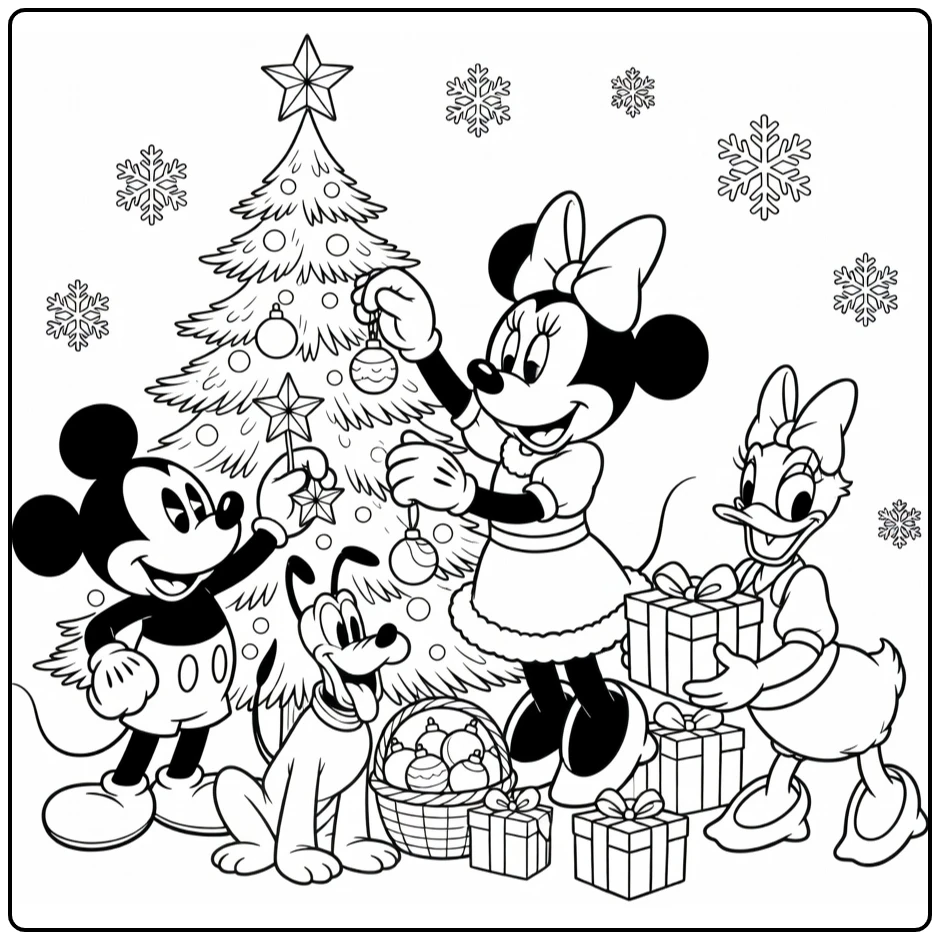 Minnie Mouse Christmas Tree Decorating with Friends coloring page