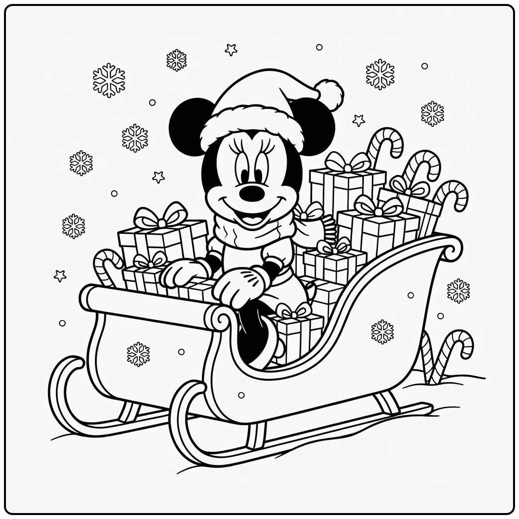 Minnie Mouse in Cozy Christmas Sleigh coloring page