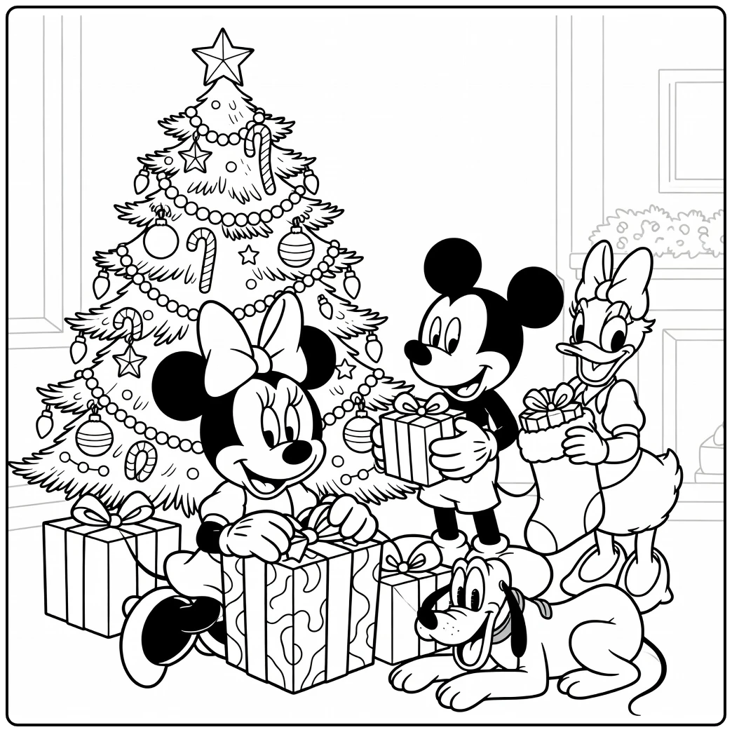 Minnie Mouse Christmas with Mickey Daisy Pluto coloring page
