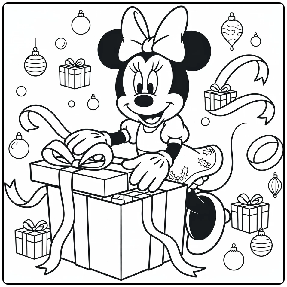 Minnie Mouse Christmas Festive Gift coloring page