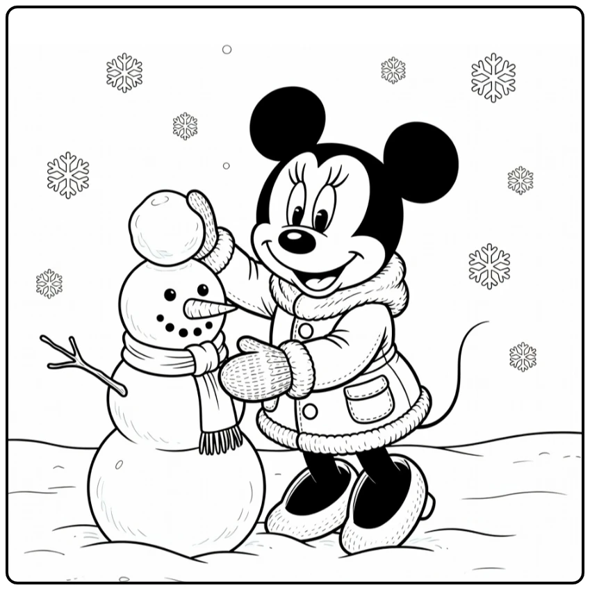 Minnie Mouse Christmas coloring page building a snowman in winter clothes