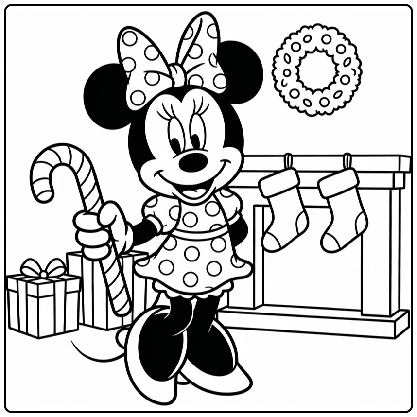 Minnie Mouse Christmas with Cozy Fireplace coloring page