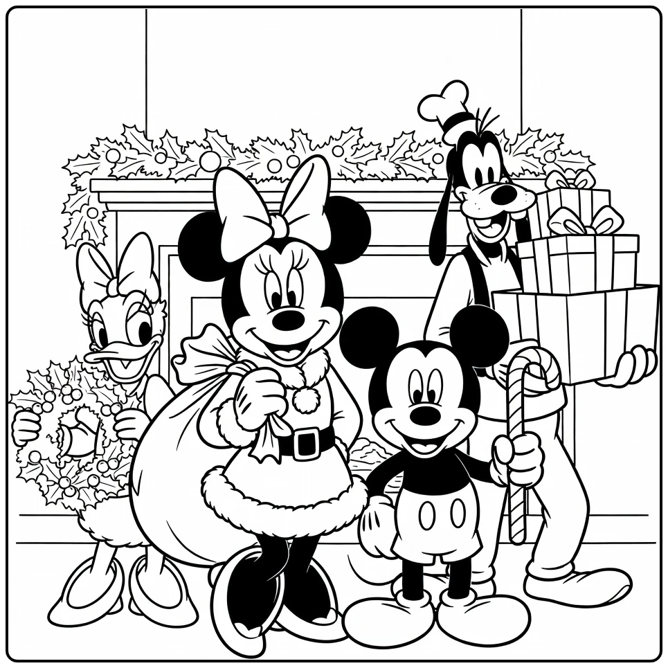Minnie Mouse Christmas Gift Sack with Fireplace coloring page