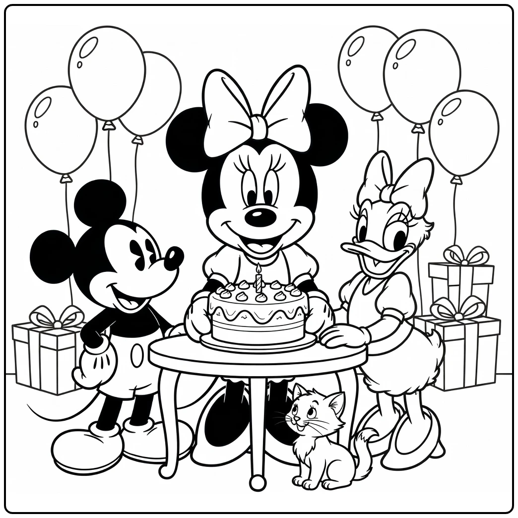 Minnie Mouse Party with Cake and Friends coloring page