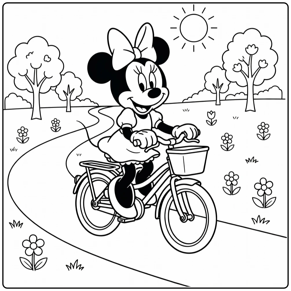 Minnie Mouse Bicycle with Flowers and Sun coloring page