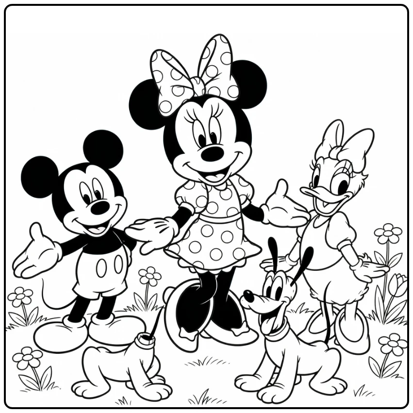 Minnie Mouse in Cheerful Garden with Friends coloring page