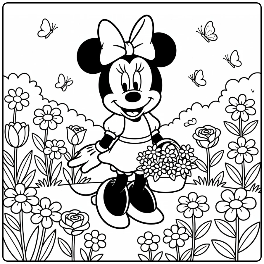 Minnie Mouse Basket Daisies and Butterflies coloring page
