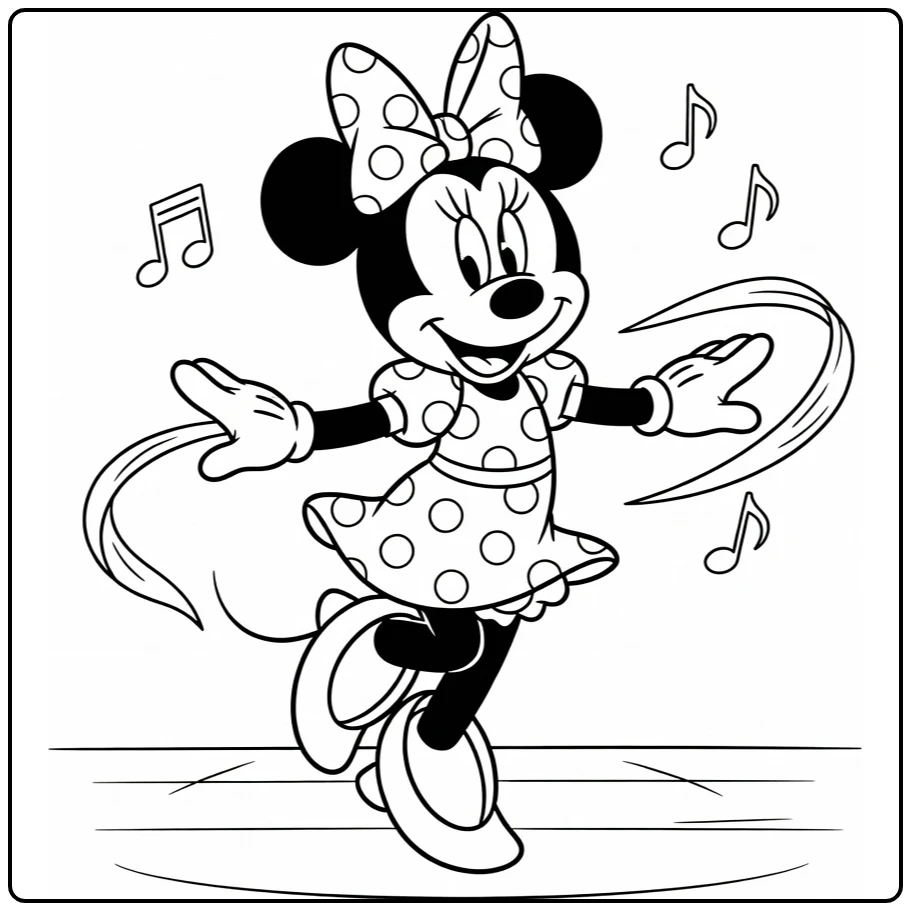 Minnie Mouse coloring page dancing in a polka-dot dress