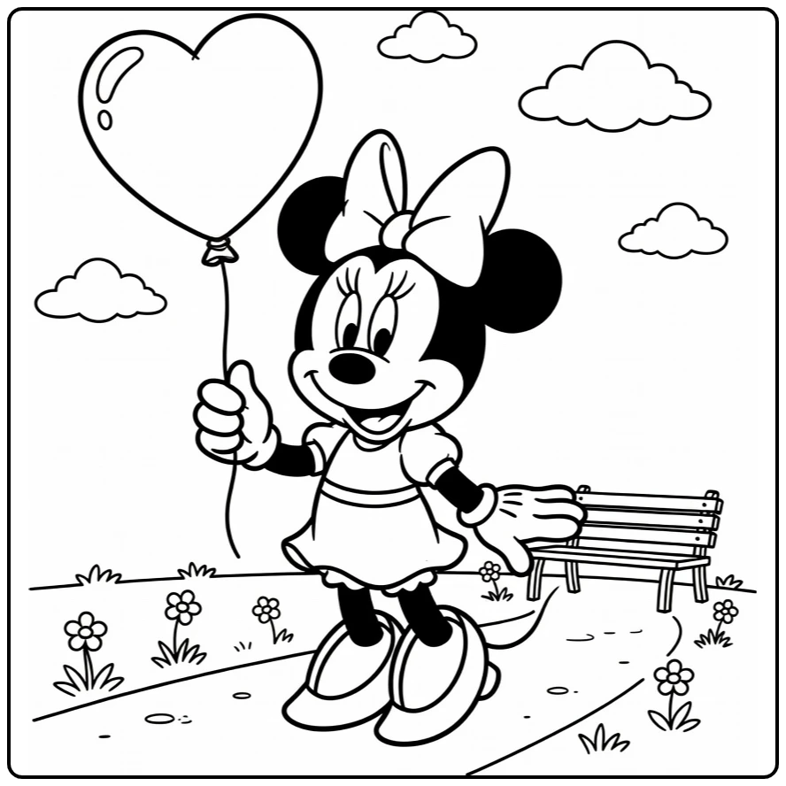 Minnie Mouse with Heart Balloon coloring page