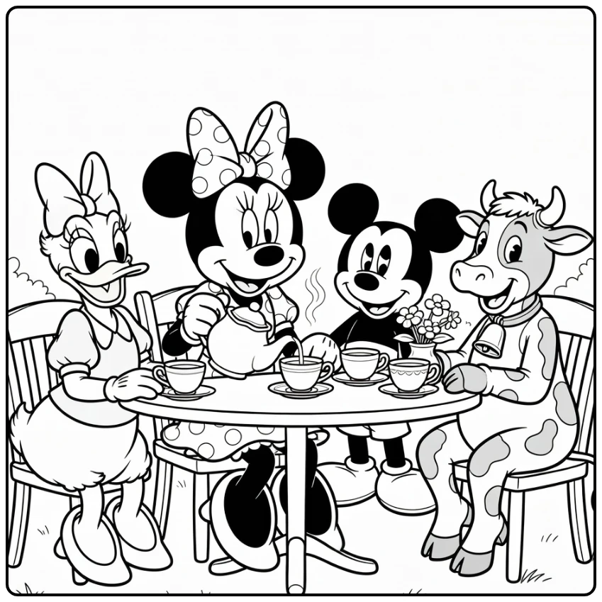 Minnie Mouse Pours Tea with Disney Friends coloring page