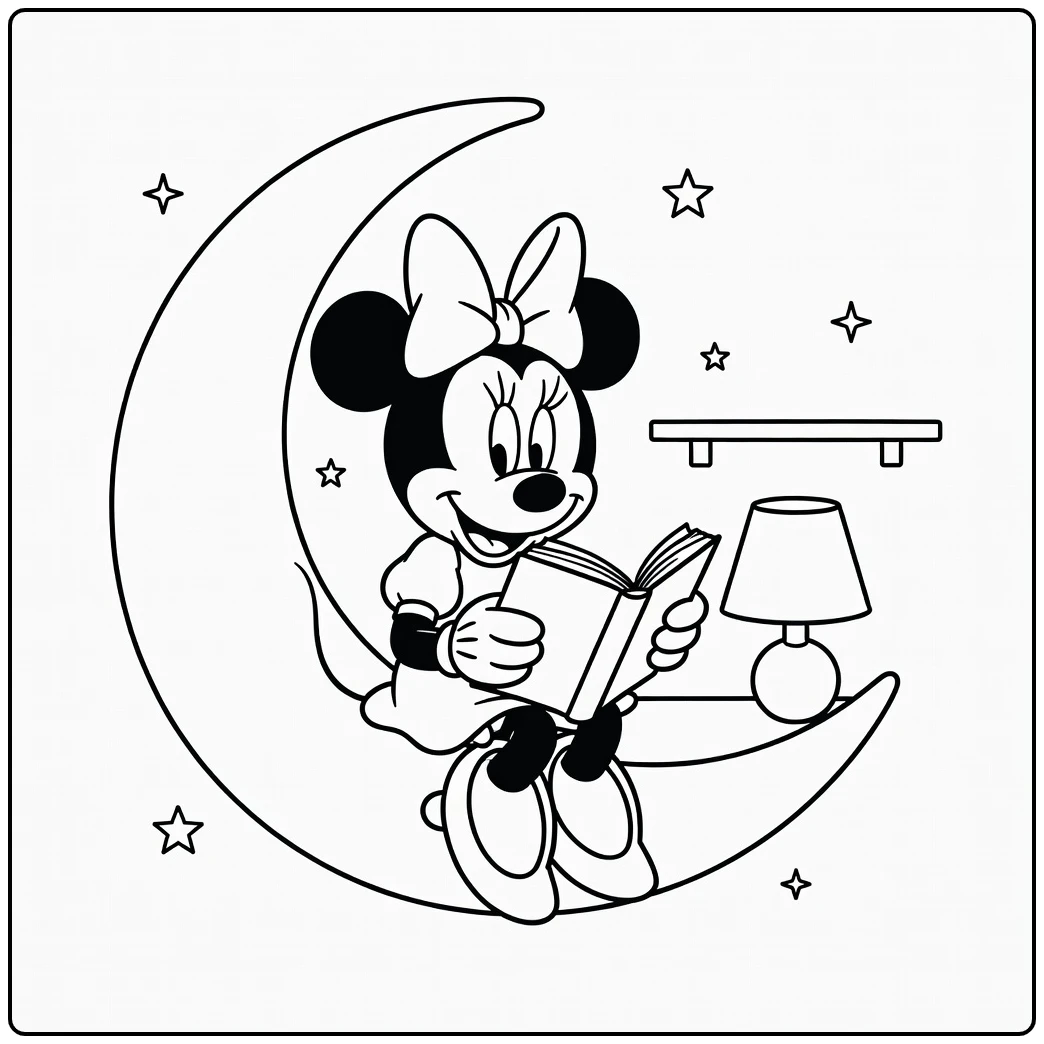 Minnie Mouse on Moon Chair with Lamp and Stars coloring page