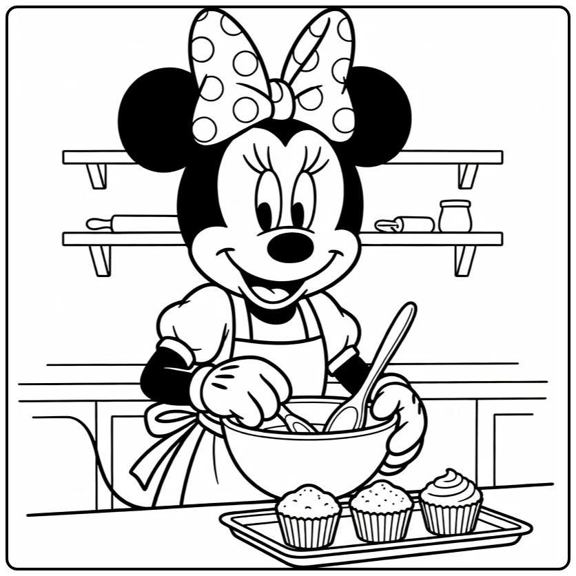 Minnie Mouse Cupcakes Baking in Cozy Kitchen coloring page