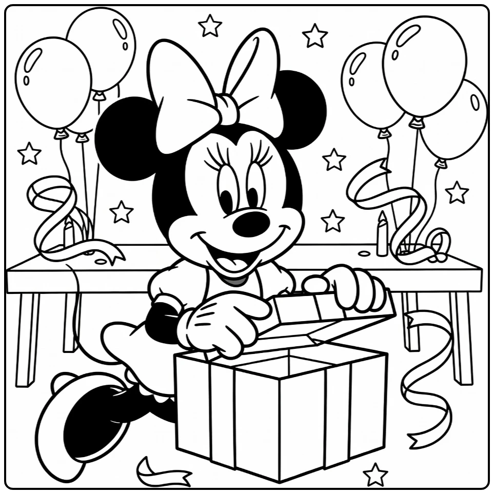 Minnie Mouse Opening a Festive Gift coloring page