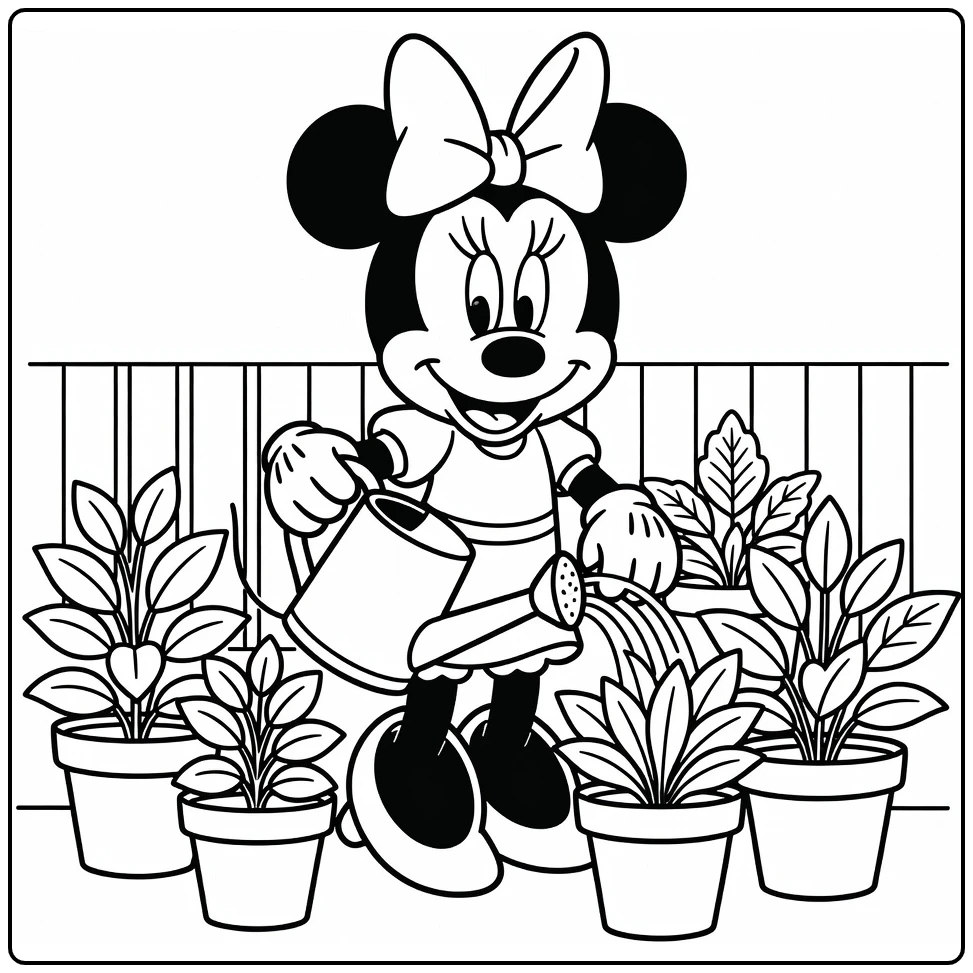 Mouse Gardening Minnie with Plants coloring page