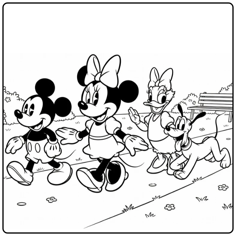 Minnie Mouse Walk with Friends in Park coloring page