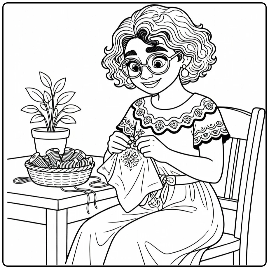Mirabel Madrigal Sitting with Sewing Basket coloring page