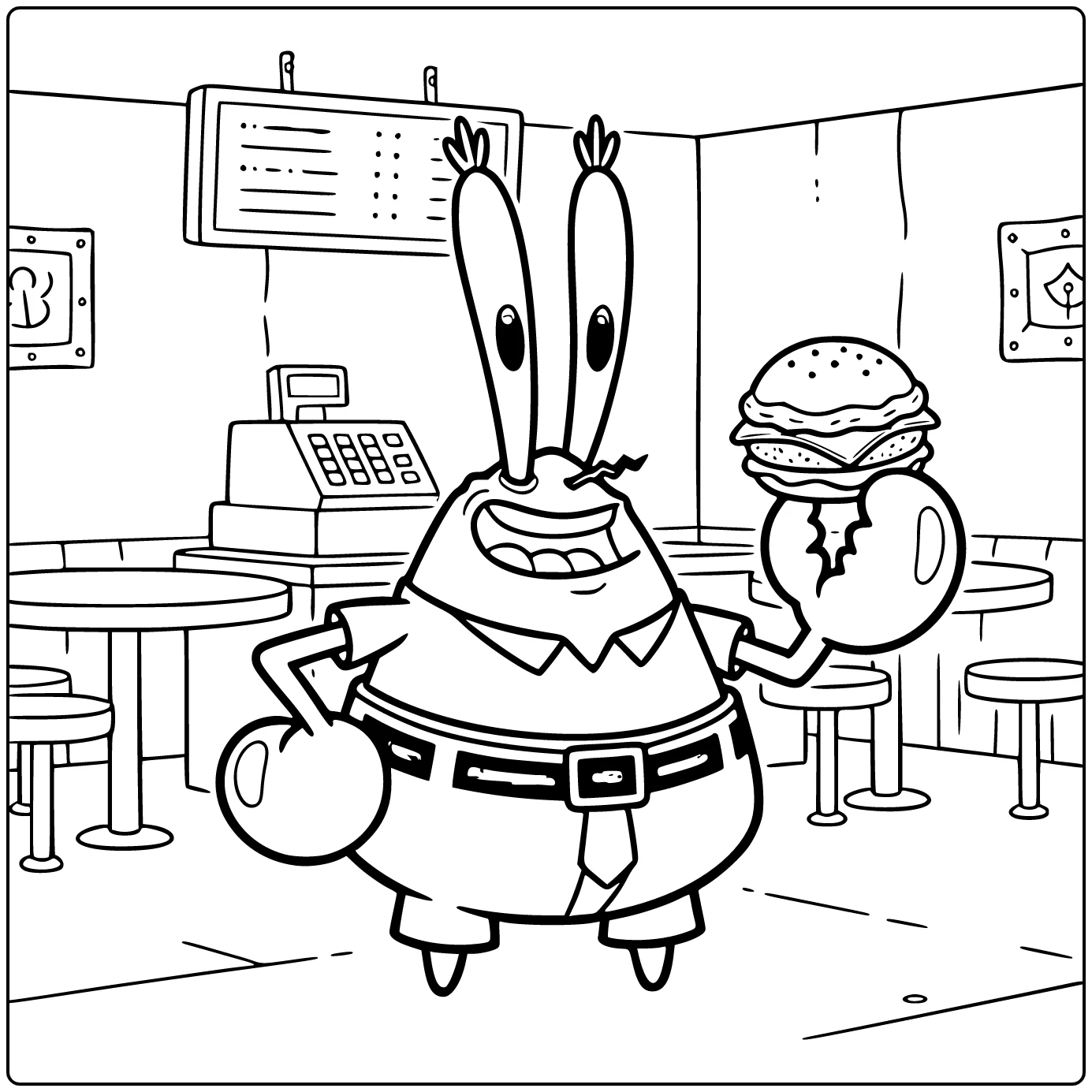Mr Krabs in Krusty Krab with Patty coloring page