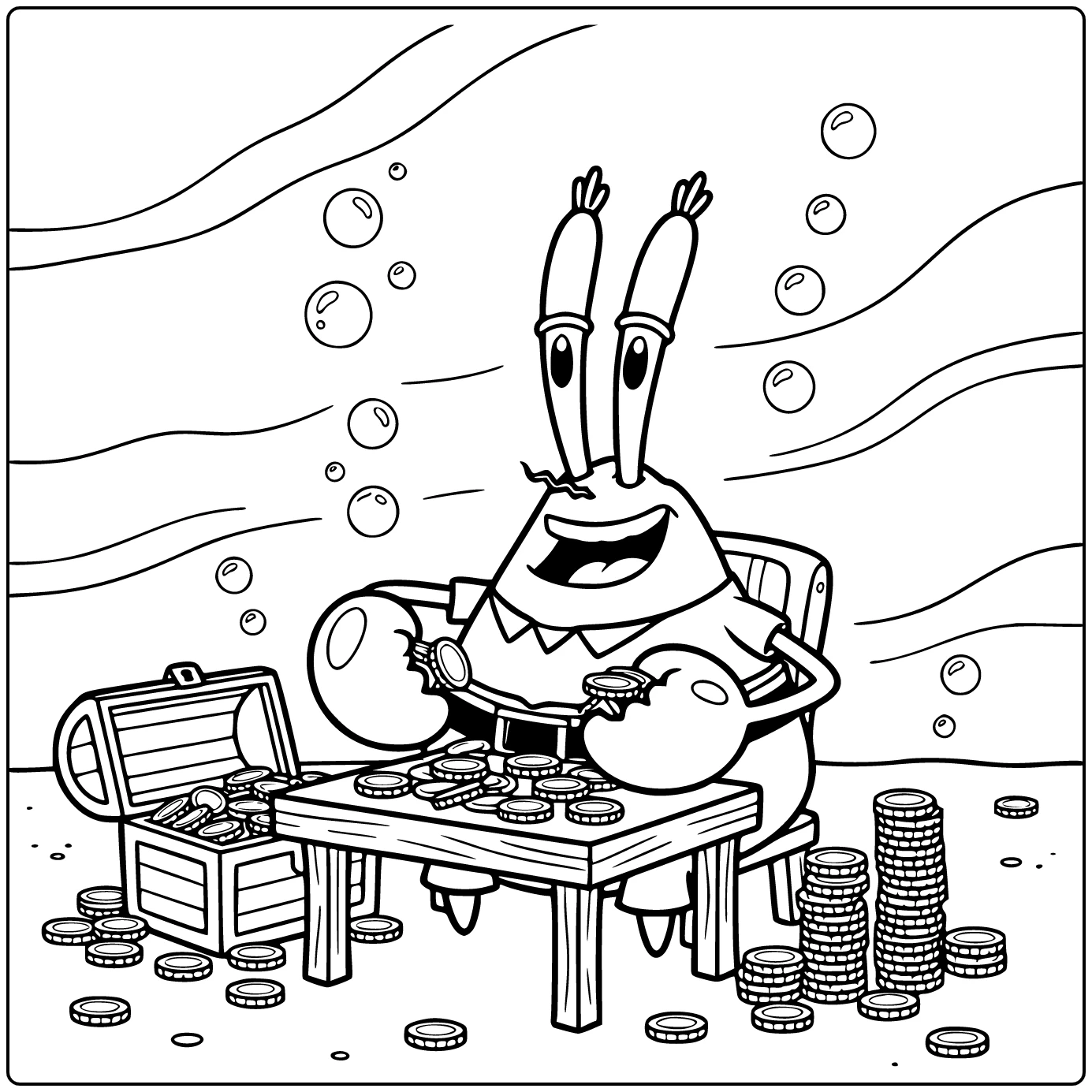 Mr Krabs Coins Counting at Small Table coloring page
