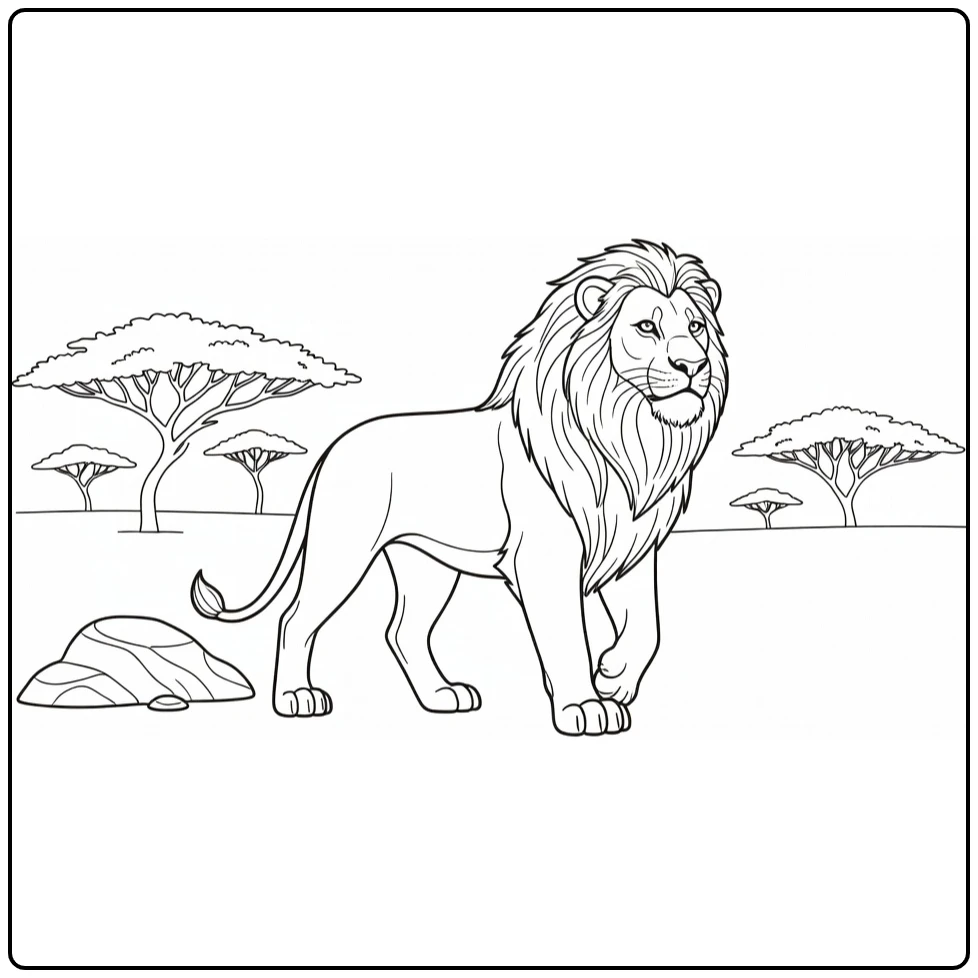 Mufasa Majestic Lion and Acacia Trees in Peaceful Landscape coloring page