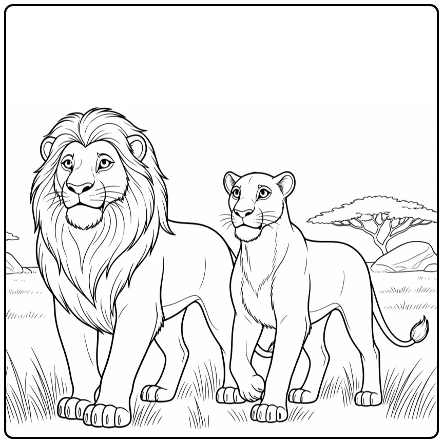Mufasa and Sarabi in Savanna Grass and Acacias coloring page