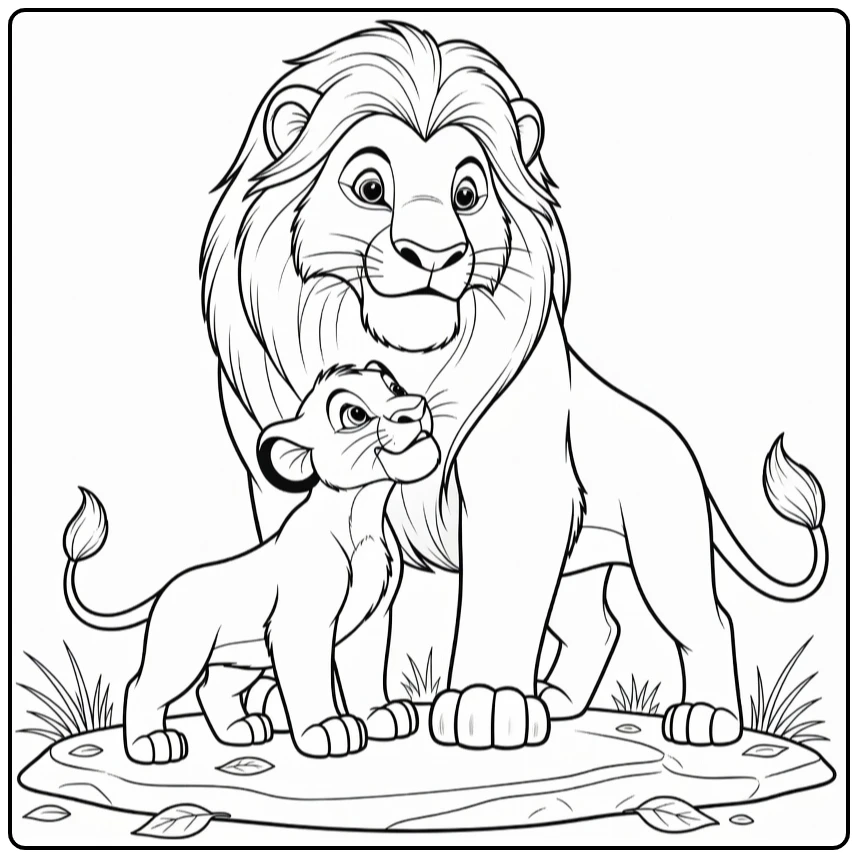 Mufasa with Son Simba Cuddling coloring page