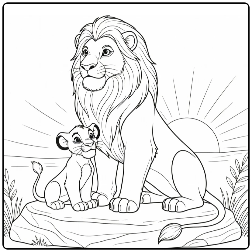 Mufasa Wise Lion Next to Young Simba coloring page