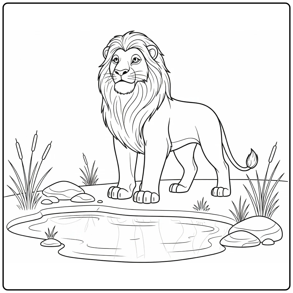 Mufasa Next to Watering Hole with Reeds coloring page