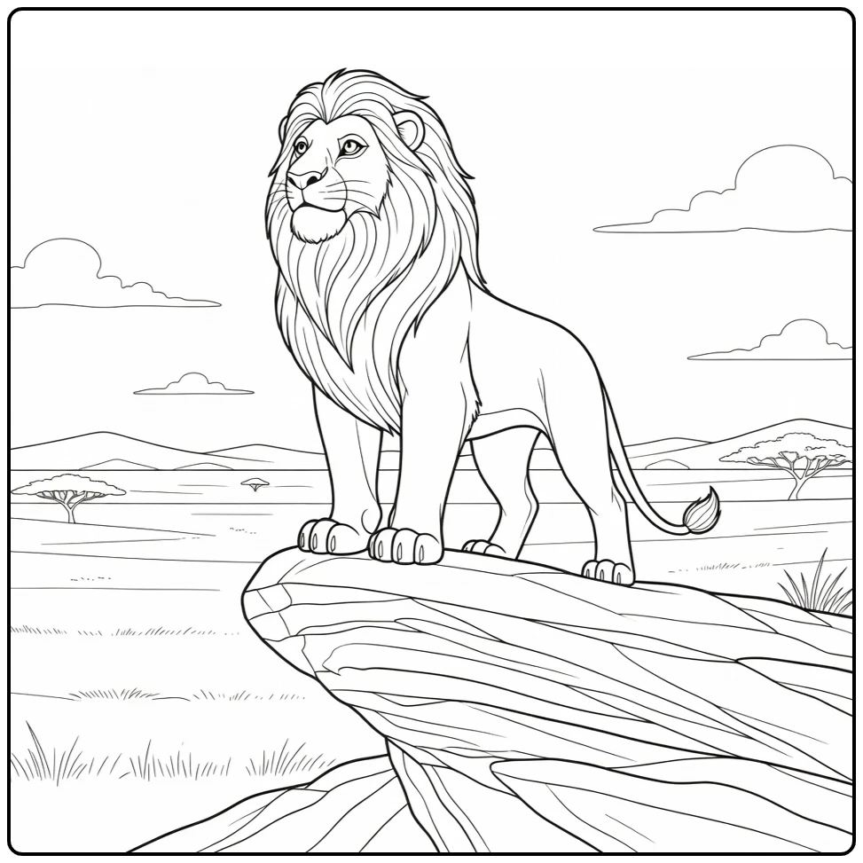 Mufasa on Tall Pride Rock with Flowing Mane coloring page