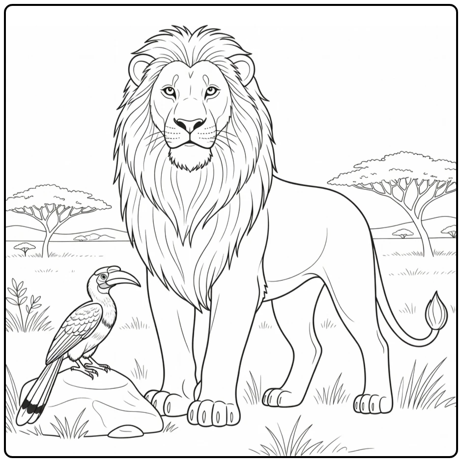 Mufasa Proud Lion and Bird with Hills coloring page