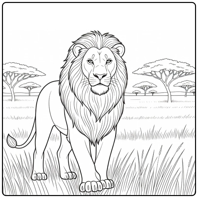 Mufasa Lion in Savanna with Acacia Trees coloring page