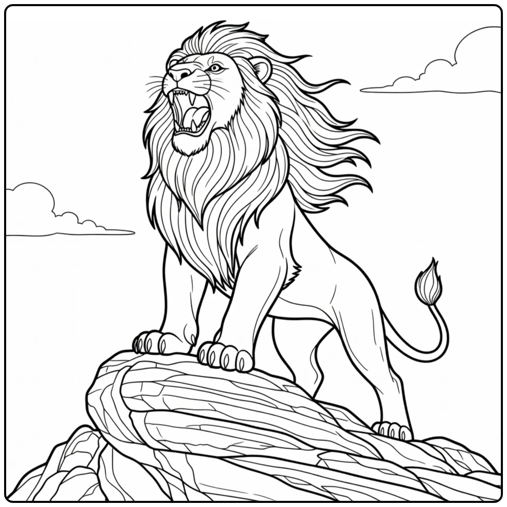 Mufasa Mighty Lion on Pride Rock with Clouds coloring page
