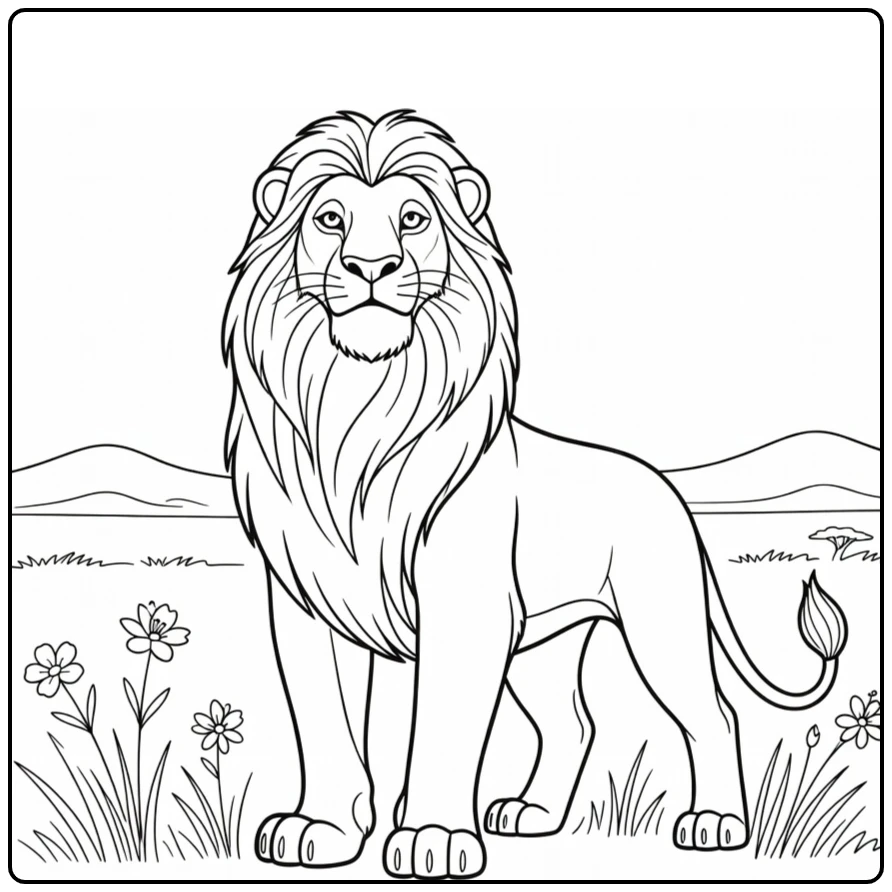 Mufasa Majestic Lion with Savanna Flowers coloring page