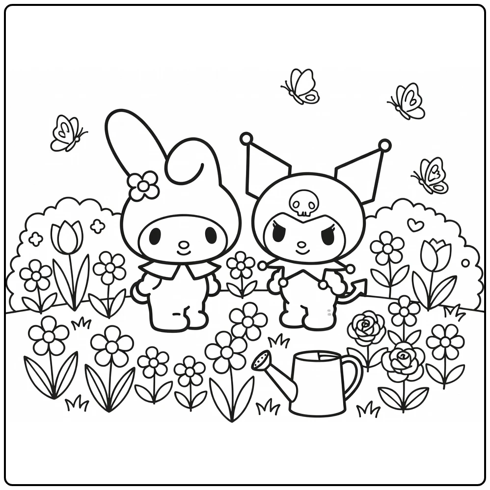 My Melody and Kuromi in Cheerful Flower Garden coloring page
