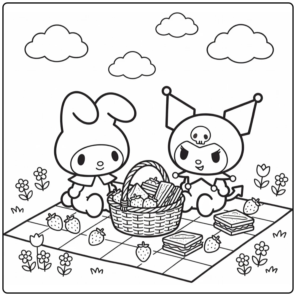 My Melody and Kuromi Picnic on Blanket with Flowers coloring page