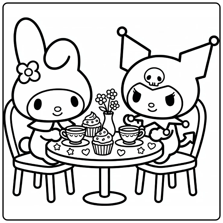 My Melody and Kuromi Cute Small Tea Table coloring page
