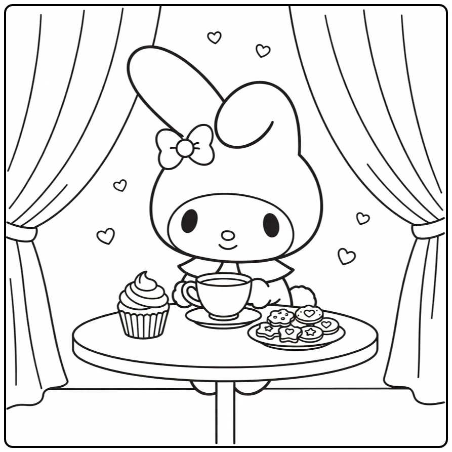 My Melody Cute Tea Party with Hearts coloring page