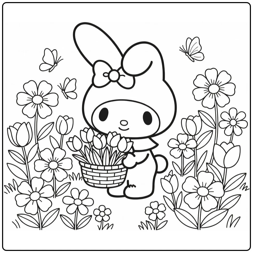 My Melody Cute in Flowers with Butterflies and Bow coloring page