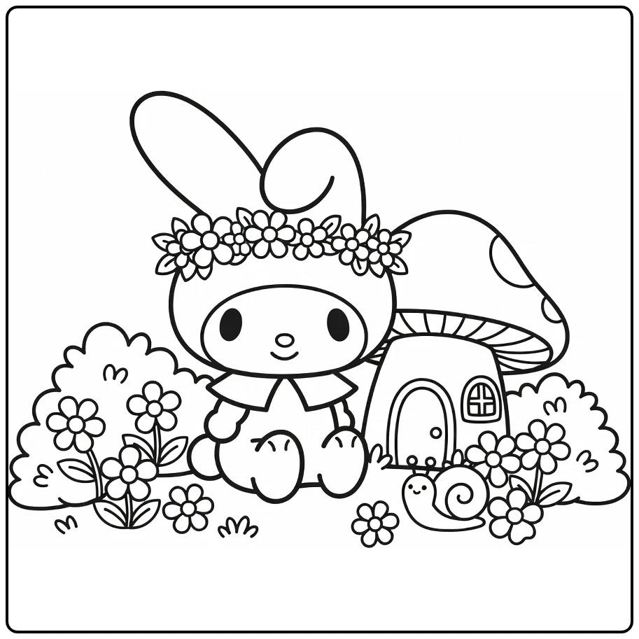 My Melody Cute in Forest with Small Snail and Daisies coloring page