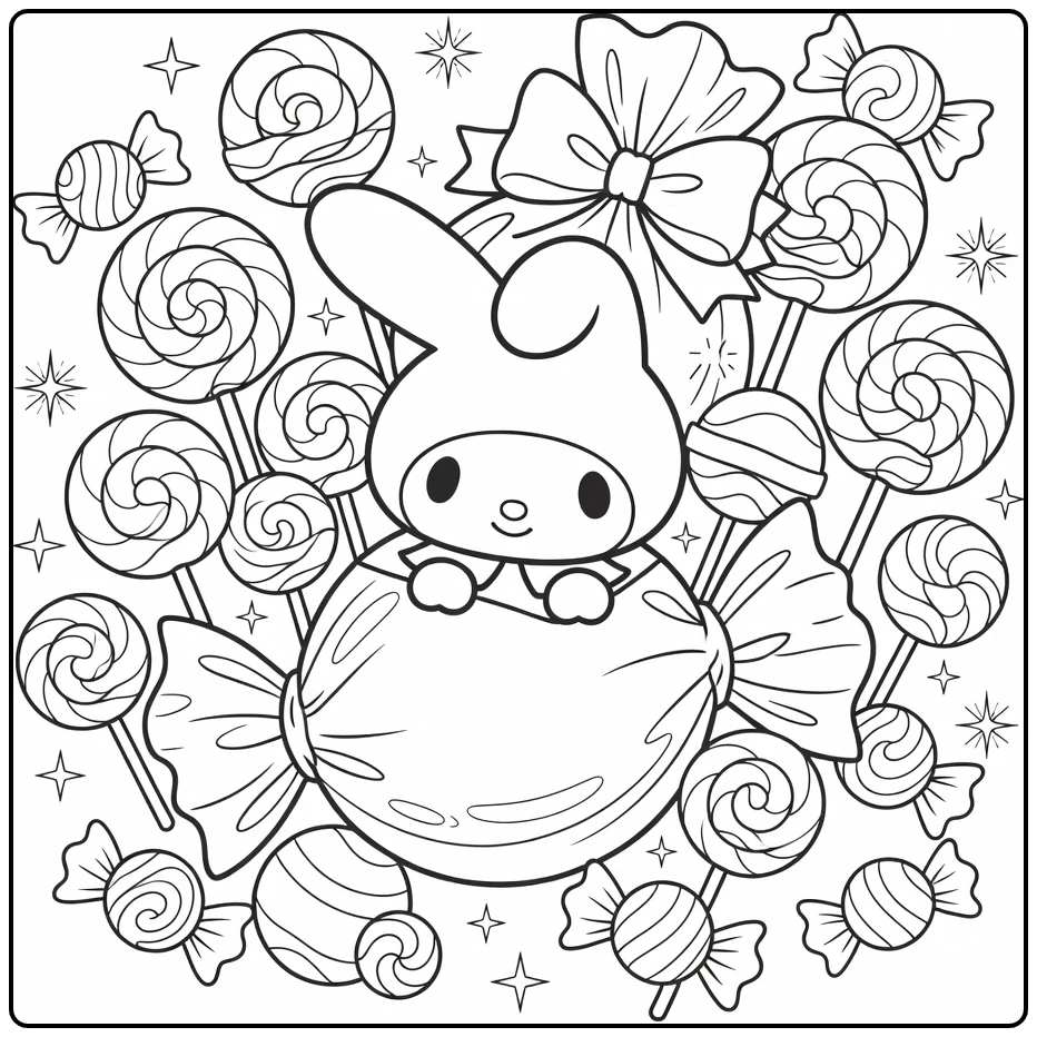 Cute My Melody in Playfully Candy Land with Stars coloring page