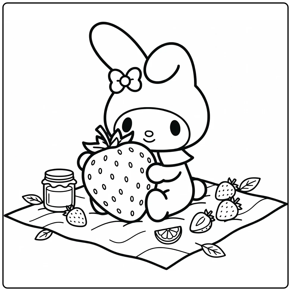 cute My Melody coloring page hugging a large strawberry at a picnic