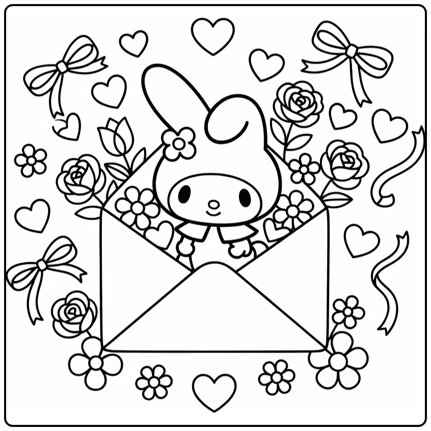 Cute My Melody Sitting in Envelope with Flowers coloring page