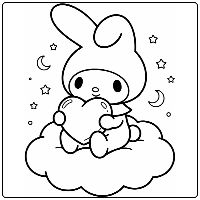 My Melody Cute on Dreamy Cloud with Moon and Heart coloring page